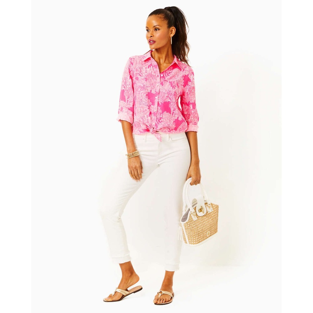 Lilly Pulitzer Sea View Pink White Linen Button Down Shirt XL Tropical Palm